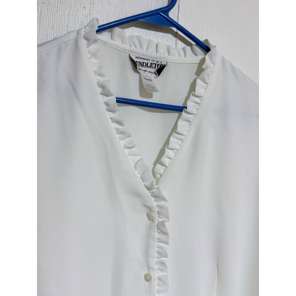 Pendleton Blouse Womens 16 White Polyester Ruffle V-Neck Long Sleeve Classic VTG